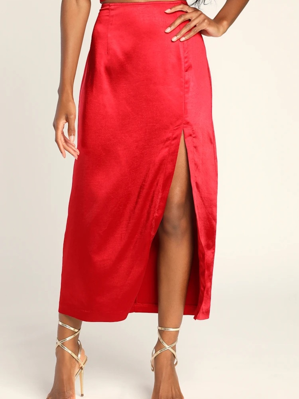 LuLus Red Satin High-Slit Maxi Skirt
